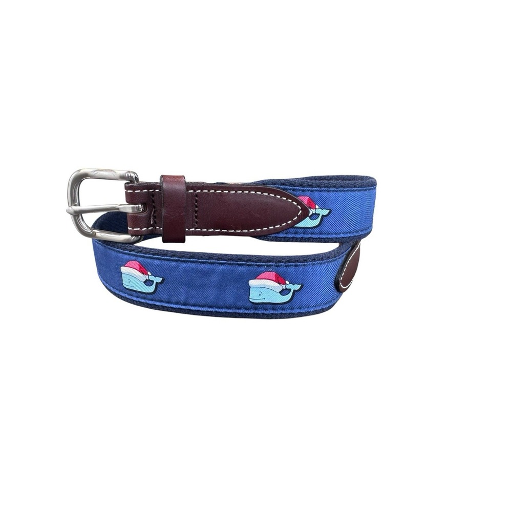 Vineyard Vines Belt Boy's 26 Santa Hat Whales Navy Blue Christmas Leather Preppy